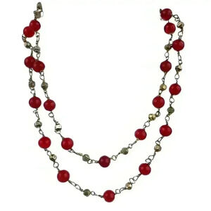 Dark Red Glass Round Bead Bronze Metal Necklace 22" Jewelry
